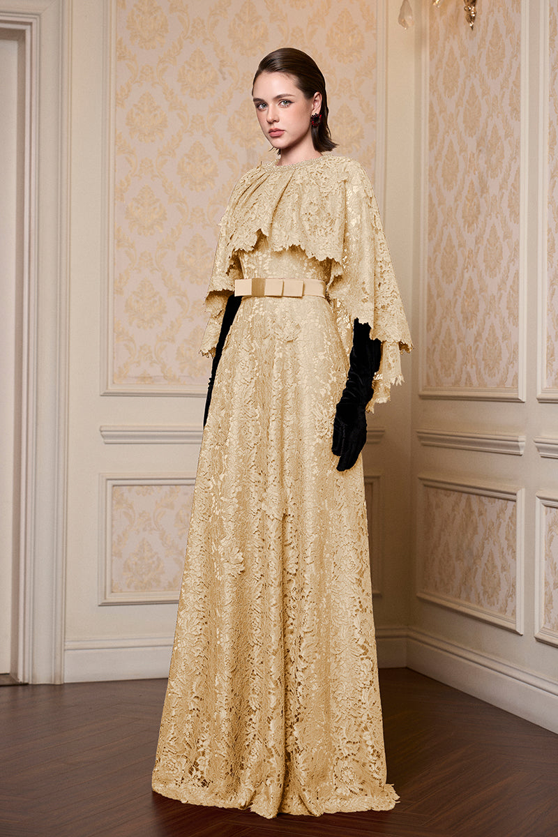 Round Neck Column A-line Gown With Mullet Cape In Dark Beige French Lace | I.H.F ATELIER