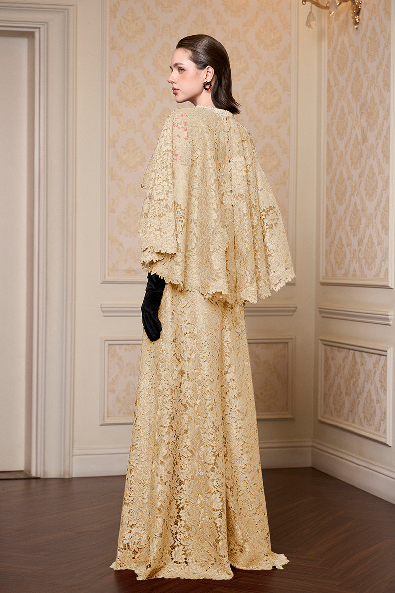 Round Neck Column A-line Gown With Mullet Cape In Dark Beige French Lace | I.H.F ATELIER