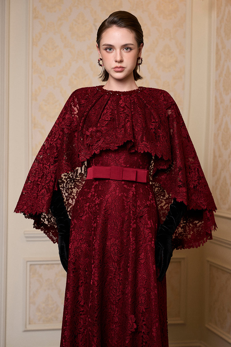 Round Neck Column A-line Gown With Mullet Cape In Dark Red French Lace | I.H.F ATELIER