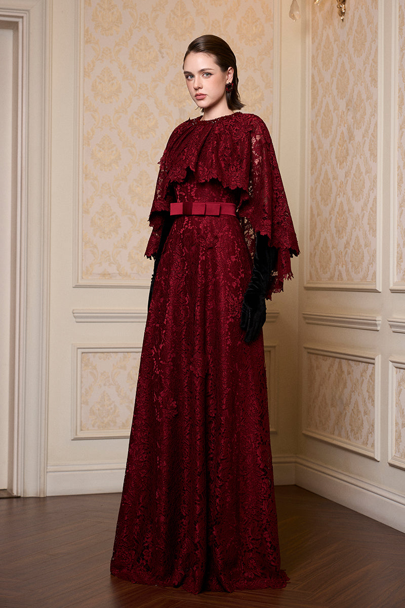 Round Neck Column A-line Gown With Mullet Cape In Dark Red French Lace | I.H.F ATELIER