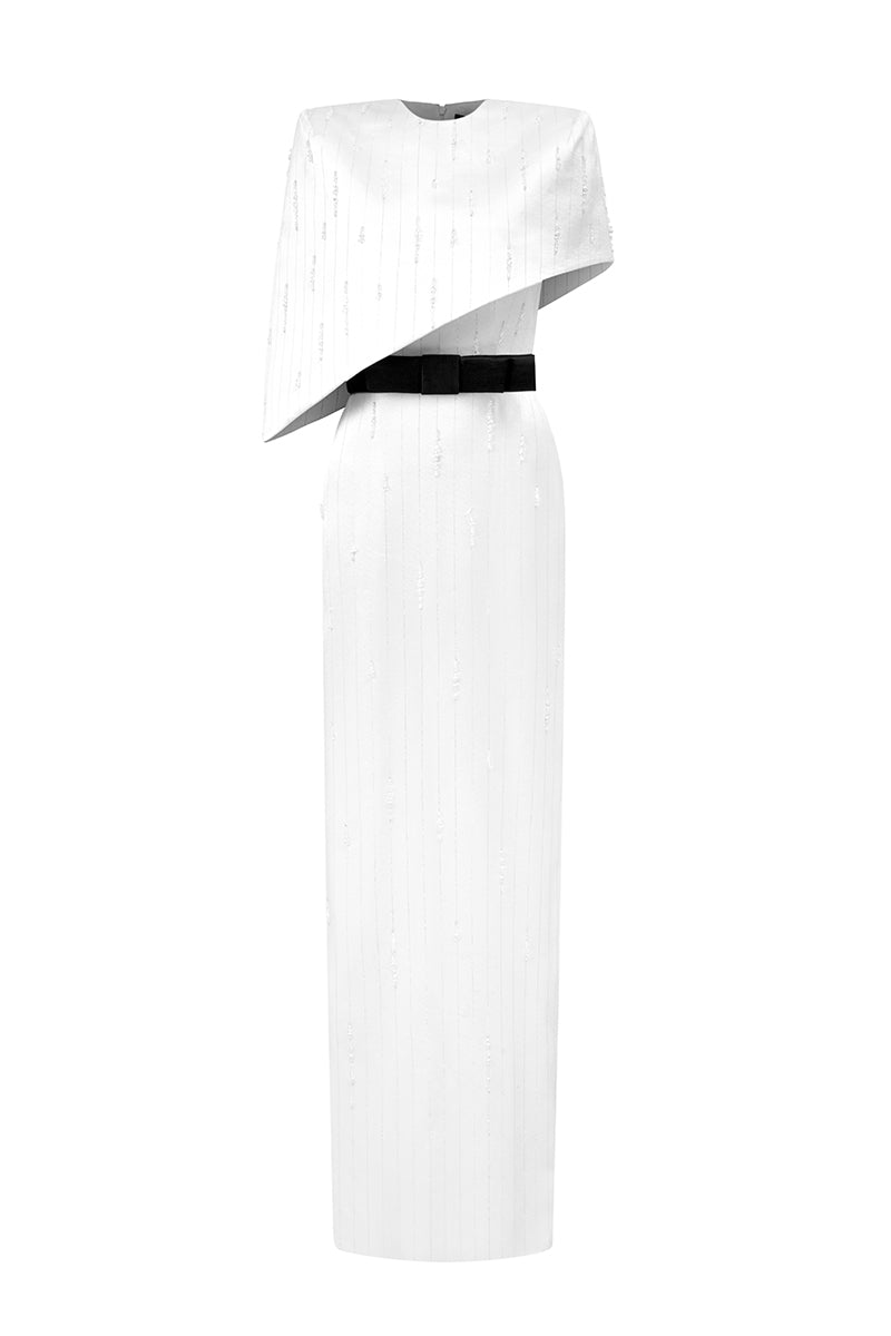 Round Neck Column Gown With Asymmetric Cape In White Metallic Striped Silk | I.H.F ATELIER
