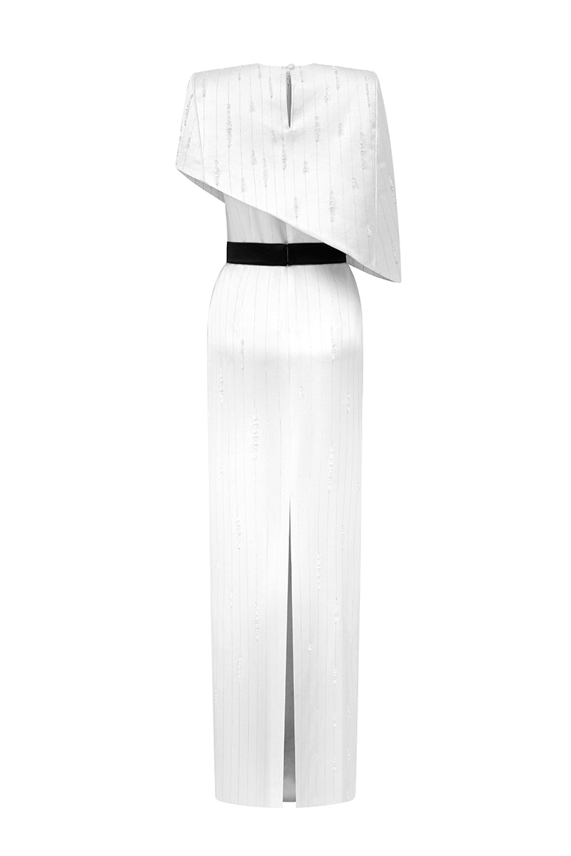 Round Neck Column Gown With Asymmetric Cape In White Metallic Striped Silk | I.H.F ATELIER