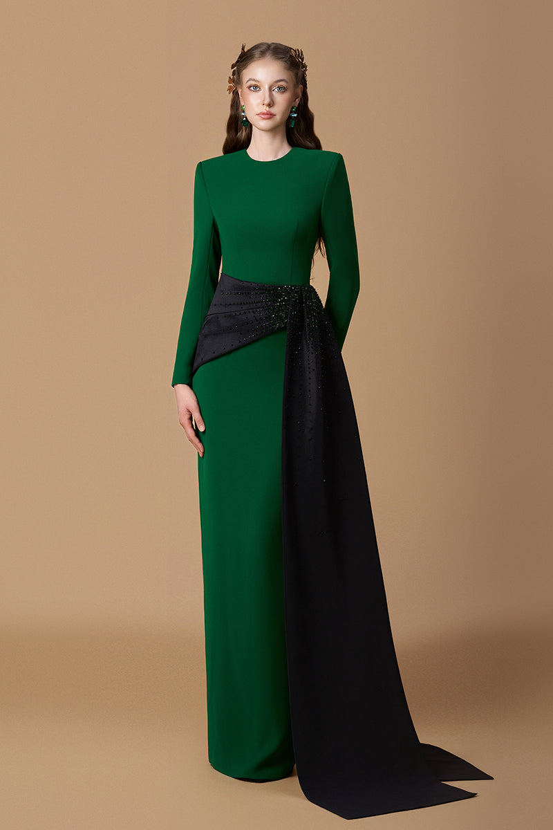 Round Neck Column Gown With Asymmetric Draped Detail In Green Crepe & Black Taffeta | I.H.F ATELIER