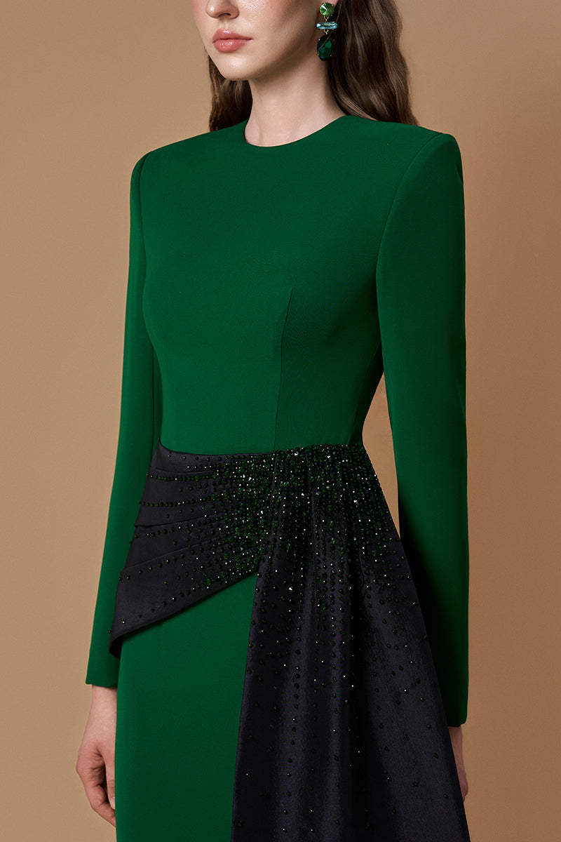 Round Neck Column Gown With Asymmetric Draped Detail In Green Crepe & Black Taffeta | I.H.F ATELIER