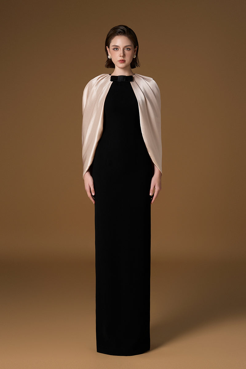 Round Neck Column Gown With Cape Sleeves In Black Crepe & Ivory Silk | I.H.F ATELIER