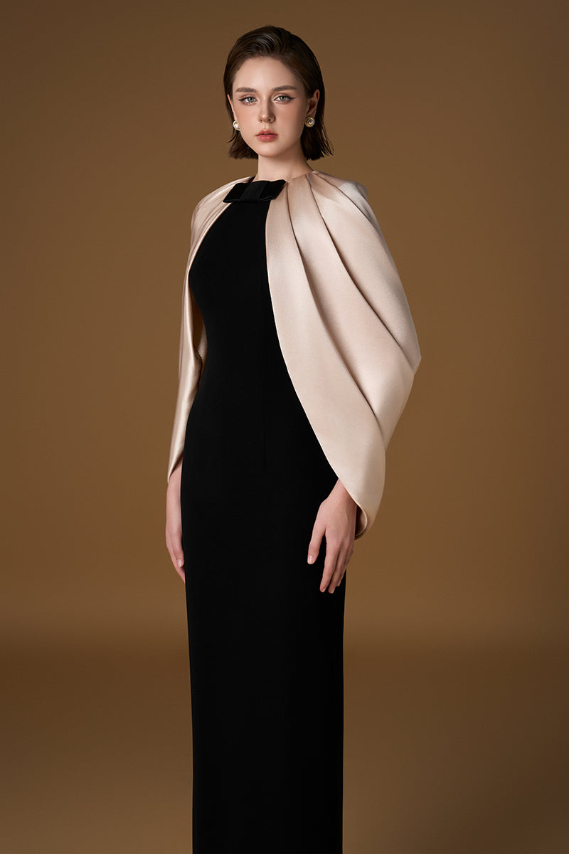 Round Neck Column Gown With Cape Sleeves In Black Crepe & Ivory Silk | I.H.F ATELIER