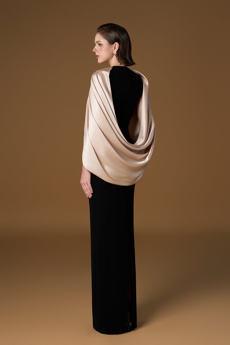Round Neck Column Gown With Cape Sleeves In Black Crepe & Ivory Silk | I.H.F ATELIER