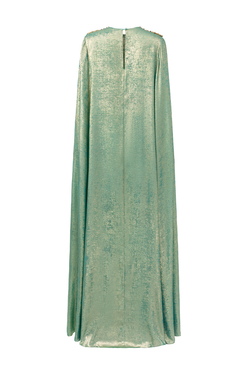 Round Neck Column Gown With Floor-Length Cape Sleeves In Light Green Metallic Silk | I.H.F ATELIER
