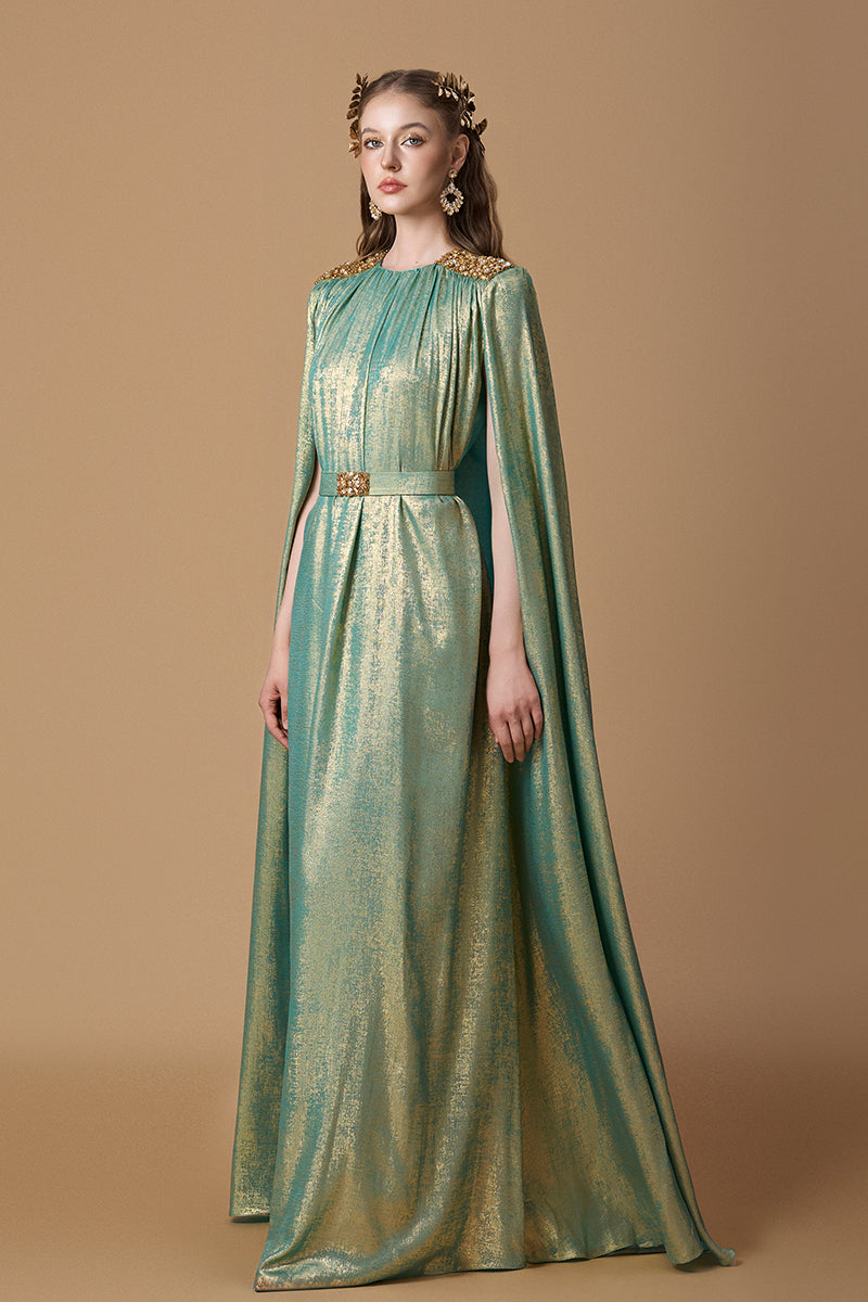Round Neck Column Gown With Floor-Length Cape Sleeves In Light Green Metallic Silk | I.H.F ATELIER