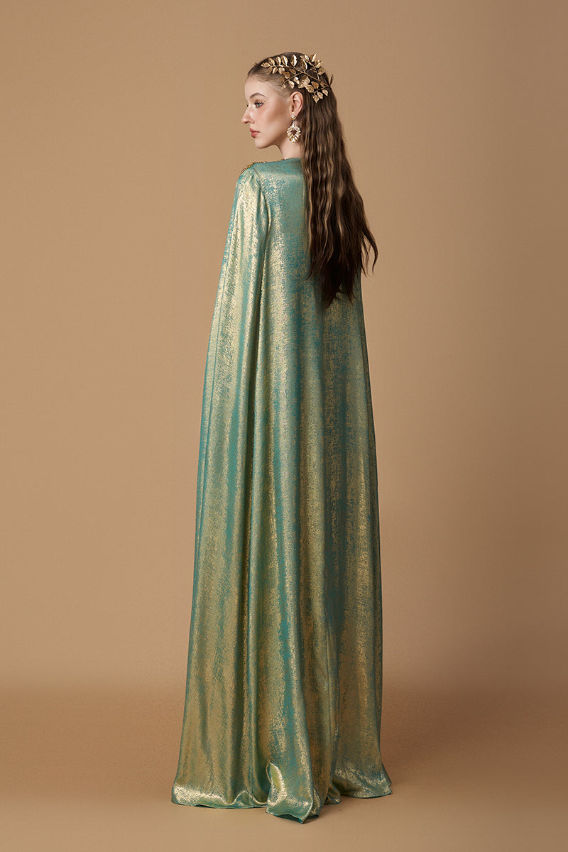 Round Neck Column Gown With Floor-Length Cape Sleeves In Light Green Metallic Silk | I.H.F ATELIER