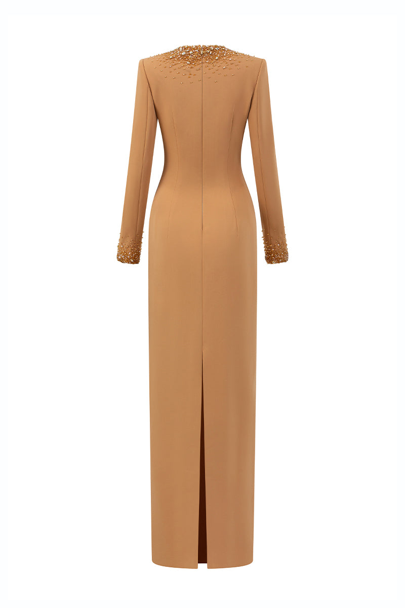 Round Neck Column Gown With Gold Crystals & Stones In Brown Crepe | I.H.F ATELIER