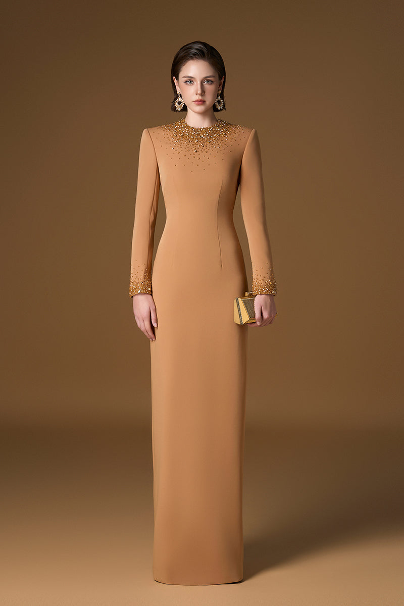 Round Neck Column Gown With Gold Crystals & Stones In Brown Crepe | I.H.F ATELIER