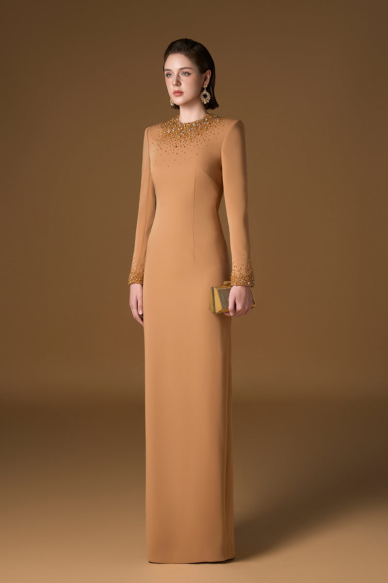 Round Neck Column Gown With Gold Crystals & Stones In Brown Crepe | I.H.F ATELIER
