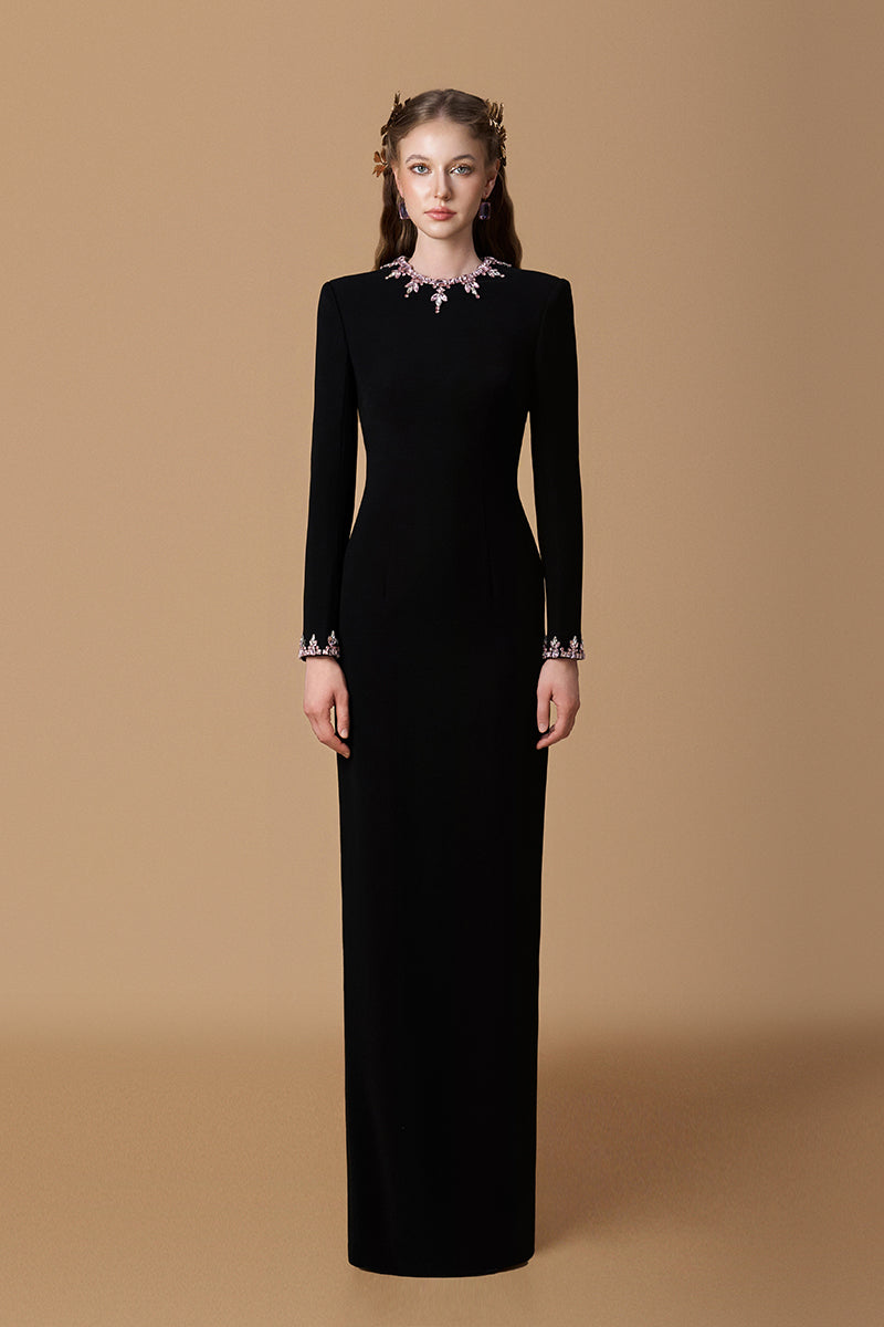 Round Neck Column Gown With Long Sleeves In Black Crepe | I.H.F ATELIER