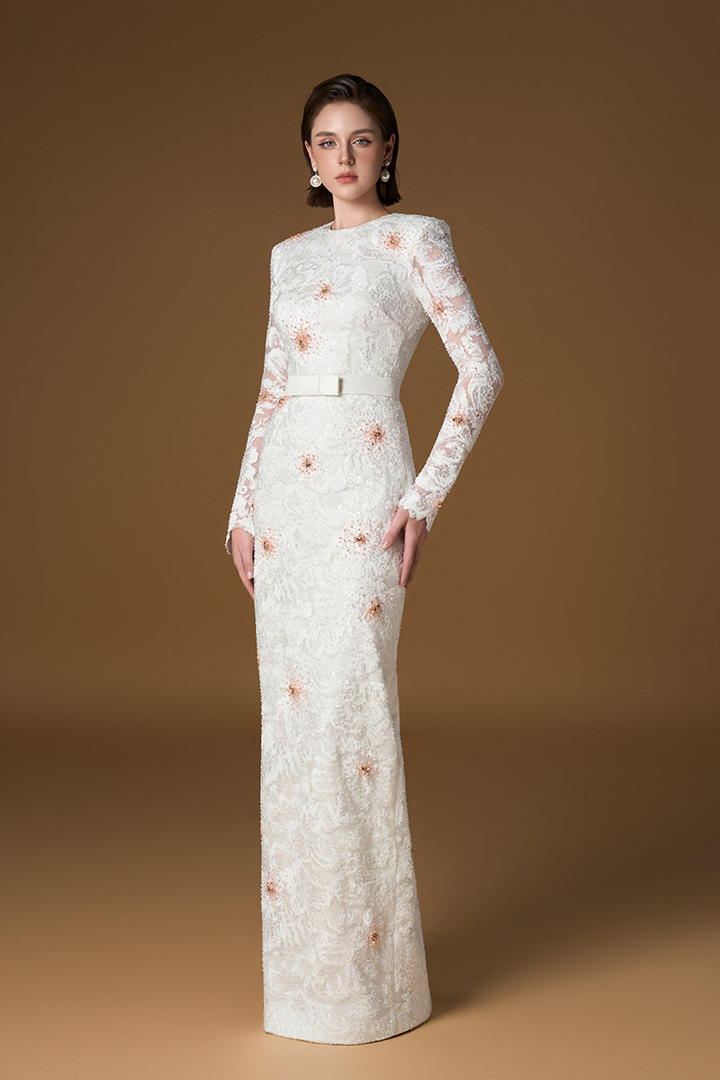 Round Neck Column Gown With Long Sleeves In White Sequin Lace | I.H.F ATELIER