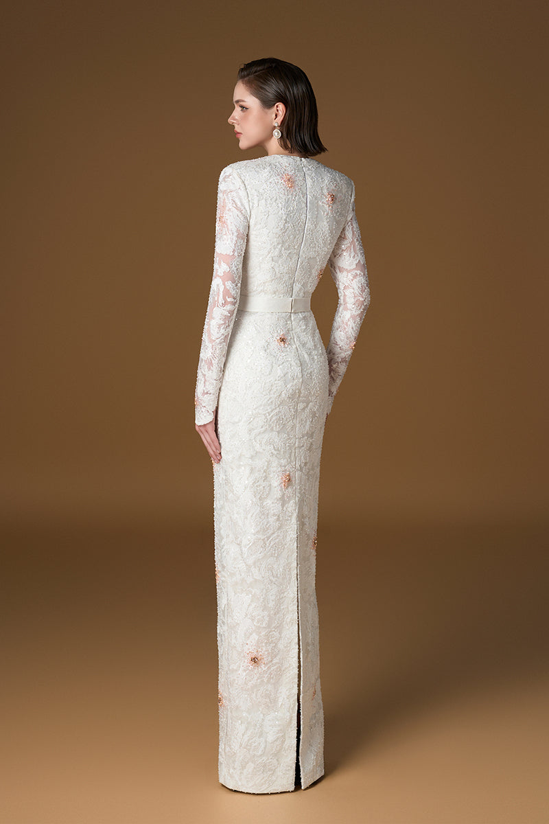 Round Neck Column Gown With Long Sleeves In White Sequin Lace | I.H.F ATELIER