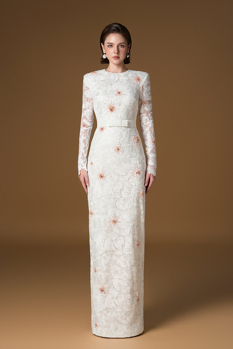 Round Neck Column Gown With Long Sleeves In White Sequin Lace | I.H.F ATELIER