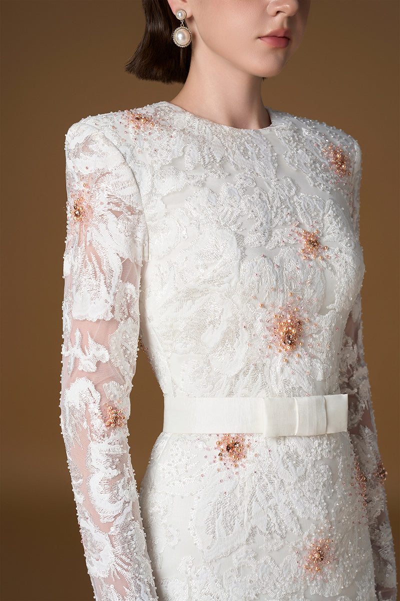 Round Neck Column Gown With Long Sleeves In White Sequin Lace | I.H.F ATELIER