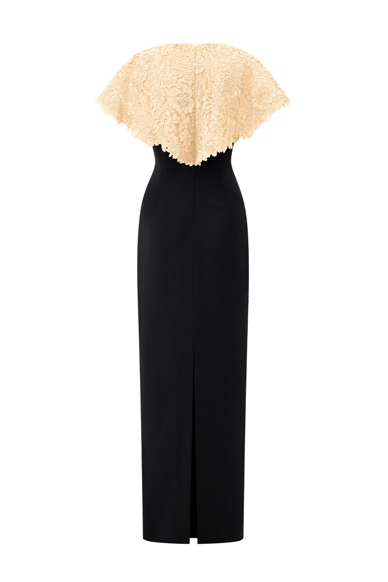 Round Neck Column Gown With Mini Cape In Beige French Lace & Black Crepe | I.H.F ATELIER