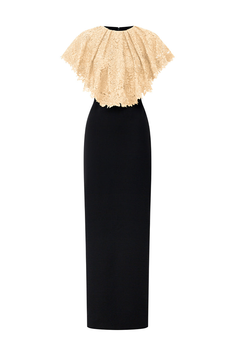 Round Neck Column Gown With Mini Cape In Beige French Lace & Black Crepe | I.H.F ATELIER