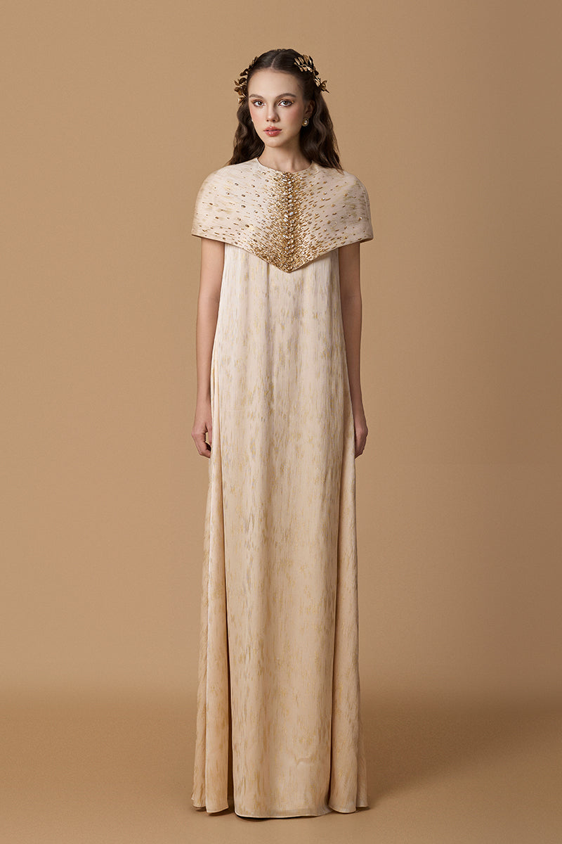 Round Neck Column Gown With Mini Cape In Beige Metallic Striped Chiffon | I.H.F ATELIER
