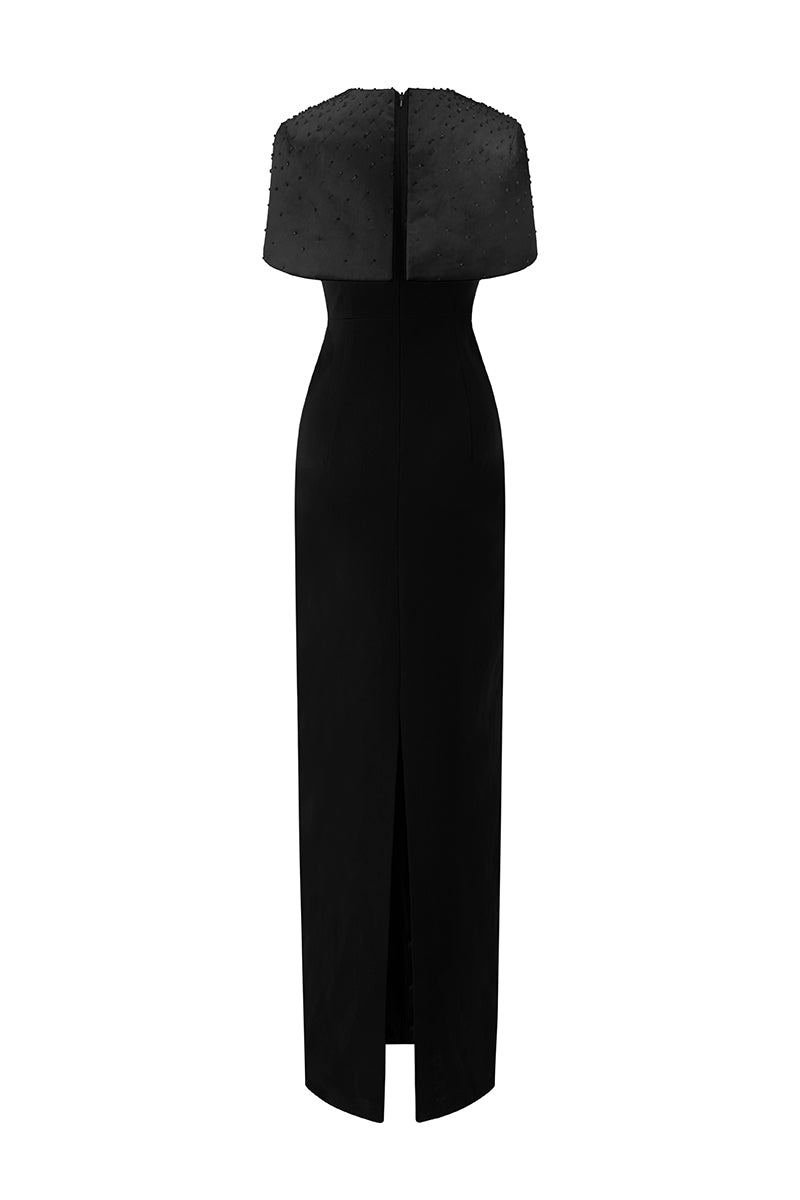Round Neck Column Gown With Mini Cape In Black | I.H.F ATELIER