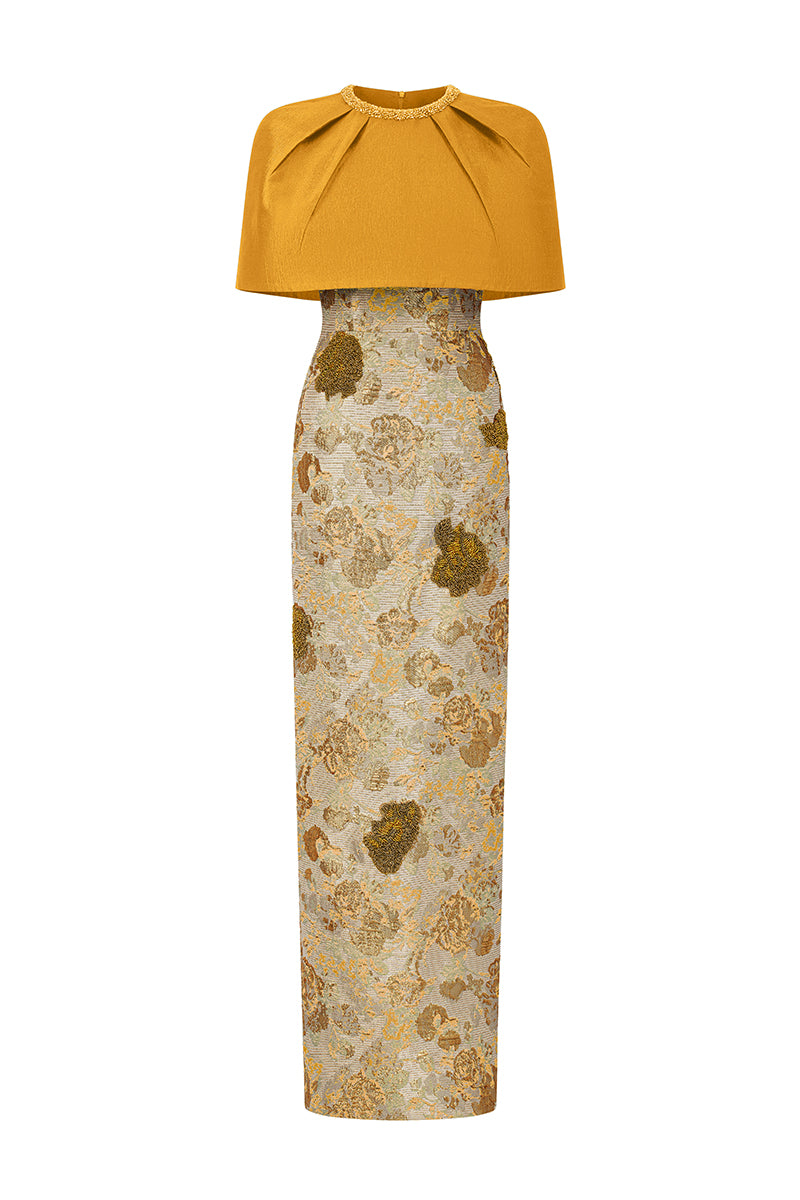 Round Neck Column Gown With Mini Cape In Dark Gold Floral Metallic Jacquard & Taffeta | I.H.F ATELIER