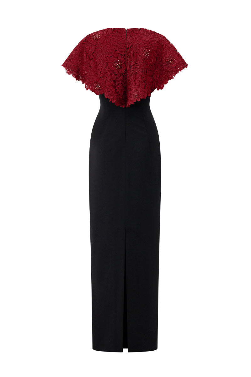 Round Neck Column Gown With Mini Cape In Dark Red French Lace & Black Crepe | I.H.F ATELIER