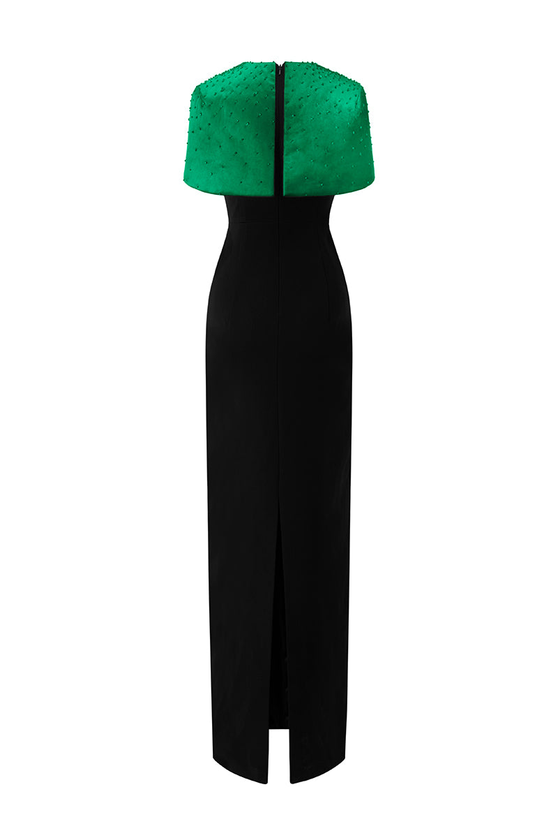 Round Neck Column Gown With Mini Cape In Green | I.H.F ATELIER