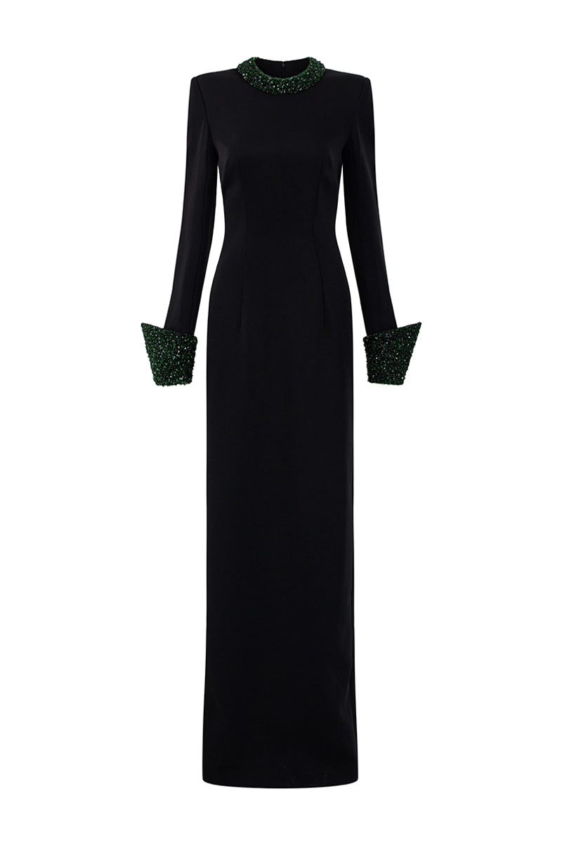 Round Neck Column Gown With Turn-Up Cuff In Black Crepe And Satin Silk | I.H.F ATELIER