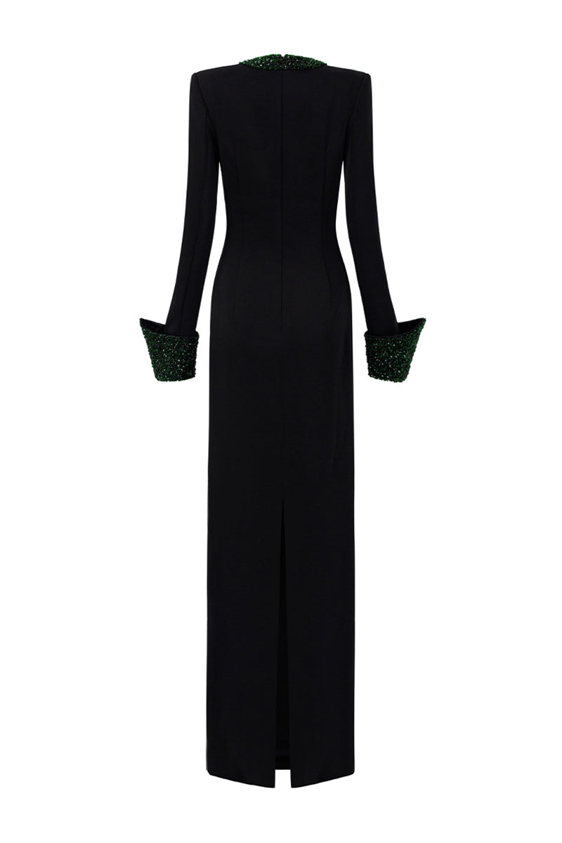 Round Neck Column Gown With Turn-Up Cuff In Black Crepe And Satin Silk | I.H.F ATELIER