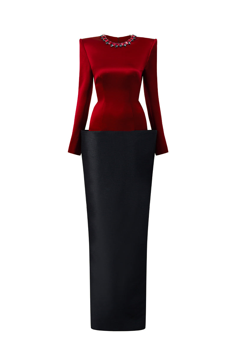 Round Neck Column Gown With V-Line Lower Skirt In Black Bamboo Taffeta And Red Satin Silk | I.H.F ATELIER