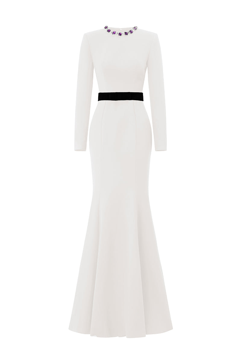 Round Neck Mermaid Gown With Long Sleeves In White | I.H.F ATELIER