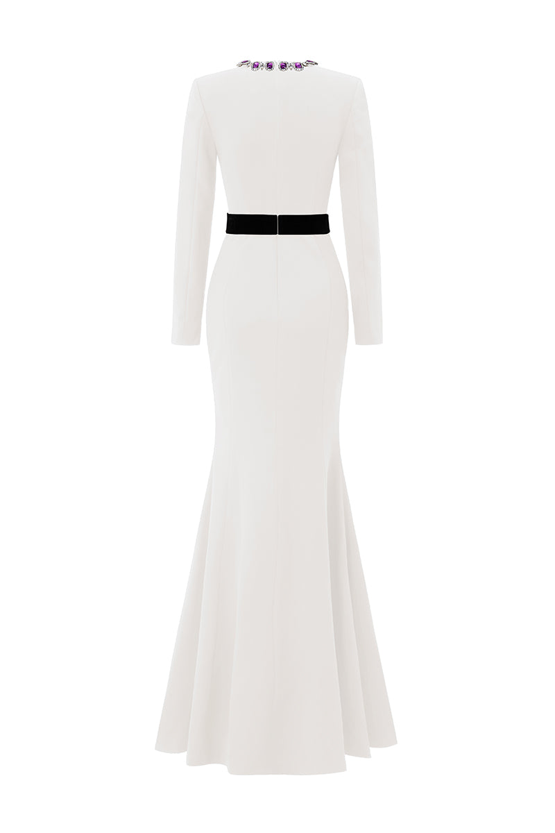 Round Neck Mermaid Gown With Long Sleeves In White | I.H.F ATELIER