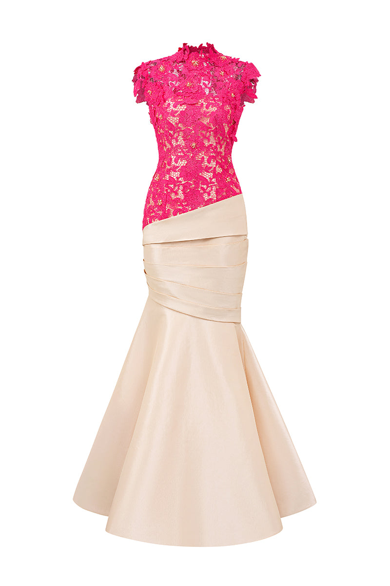 Round Neck Mermaid Gown With Pink Guipure Lace and Ivory Taffeta | I.H.F ATELIER