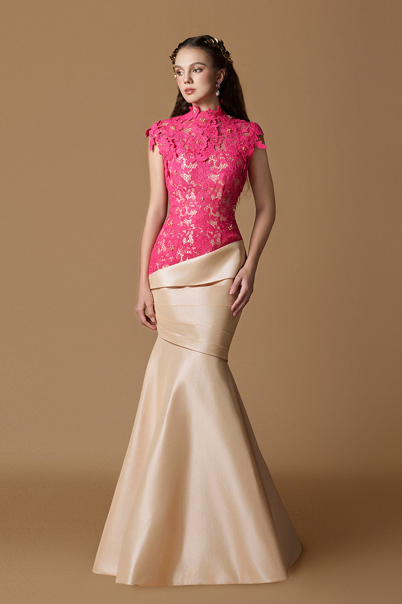 Round Neck Mermaid Gown With Pink Guipure Lace and Ivory Taffeta | I.H.F ATELIER
