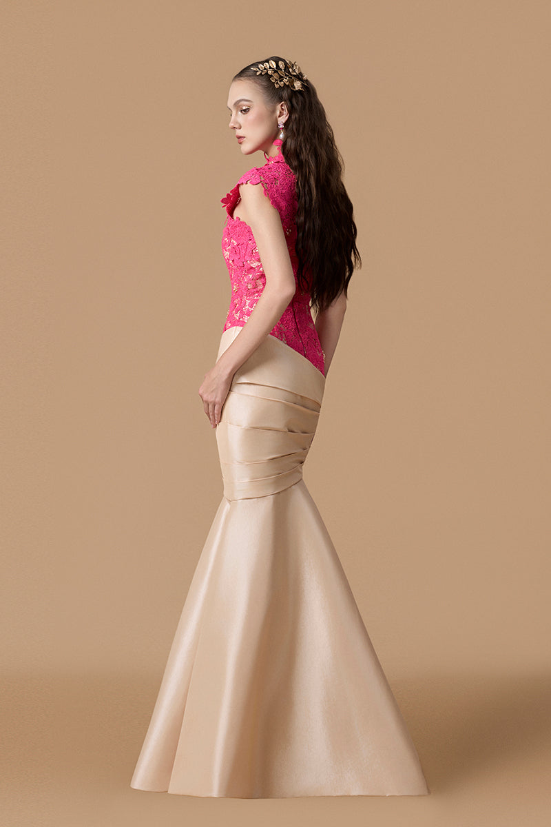 Round Neck Mermaid Gown With Pink Guipure Lace and Ivory Taffeta | I.H.F ATELIER