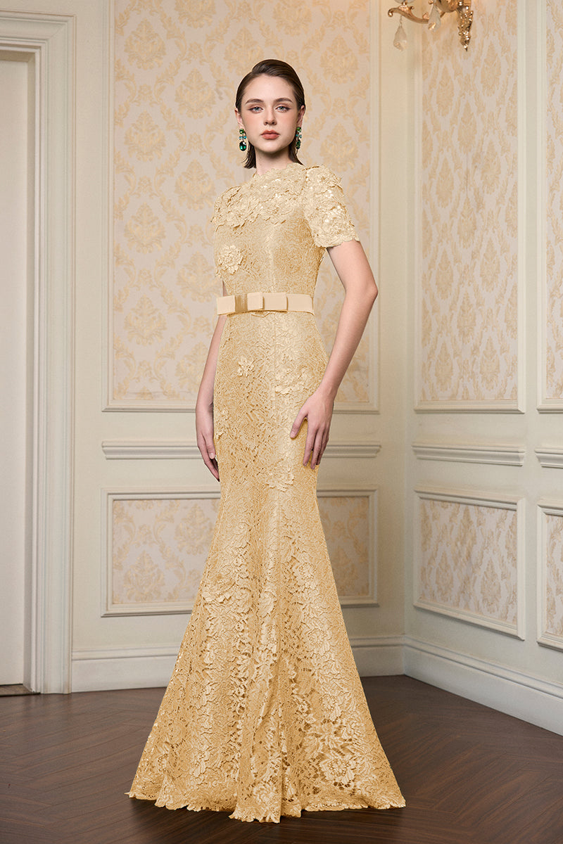 Round Neck Mermaid Gown With Short Sleeves In Beige French Lace | I.H.F ATELIER