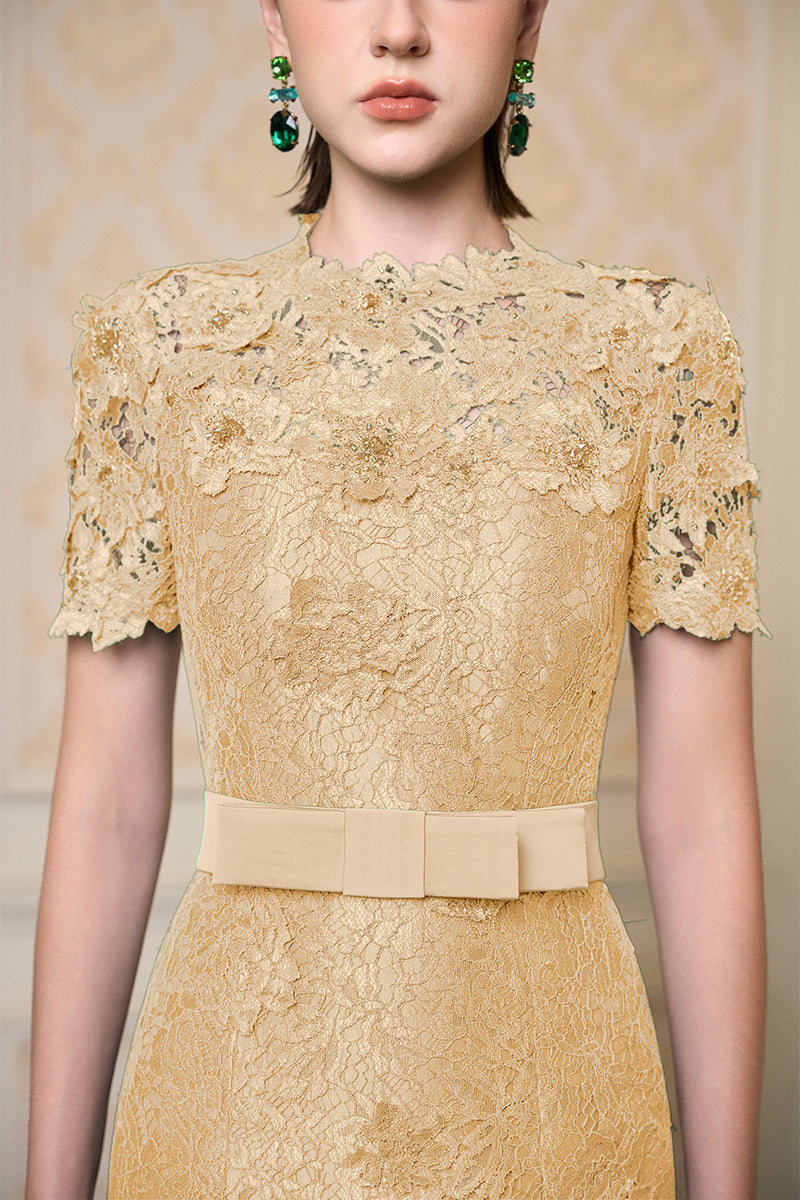 Round Neck Mermaid Gown With Short Sleeves In Beige French Lace | I.H.F ATELIER