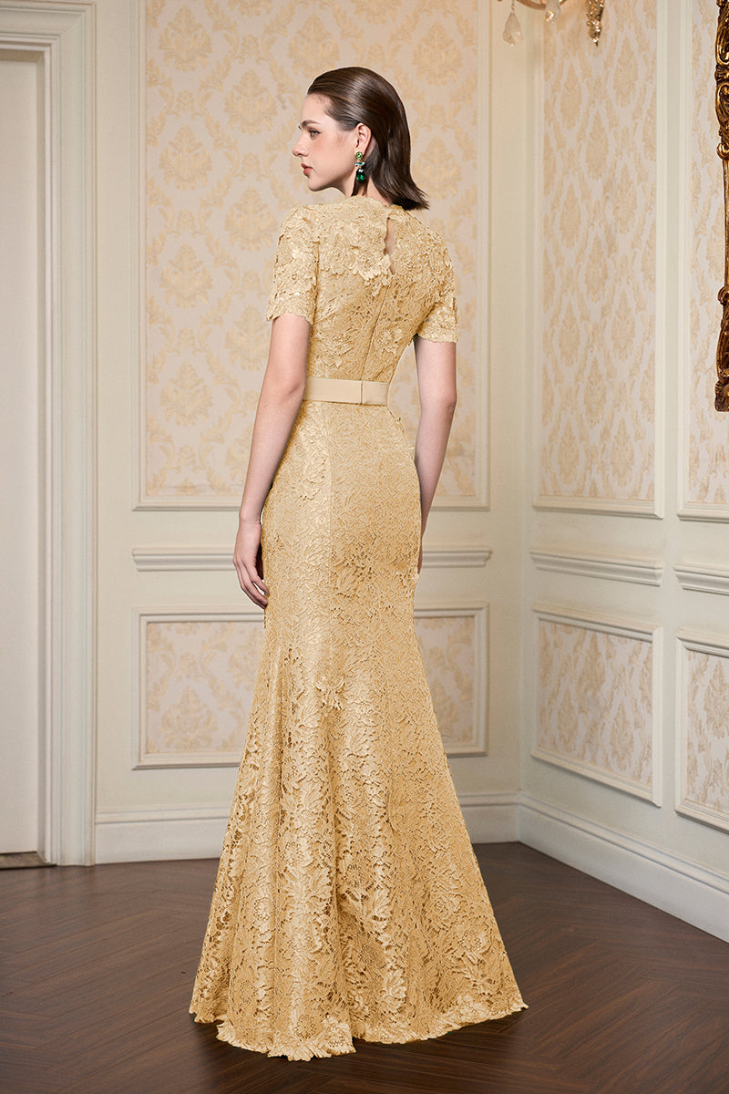 Round Neck Mermaid Gown With Short Sleeves In Beige French Lace | I.H.F ATELIER