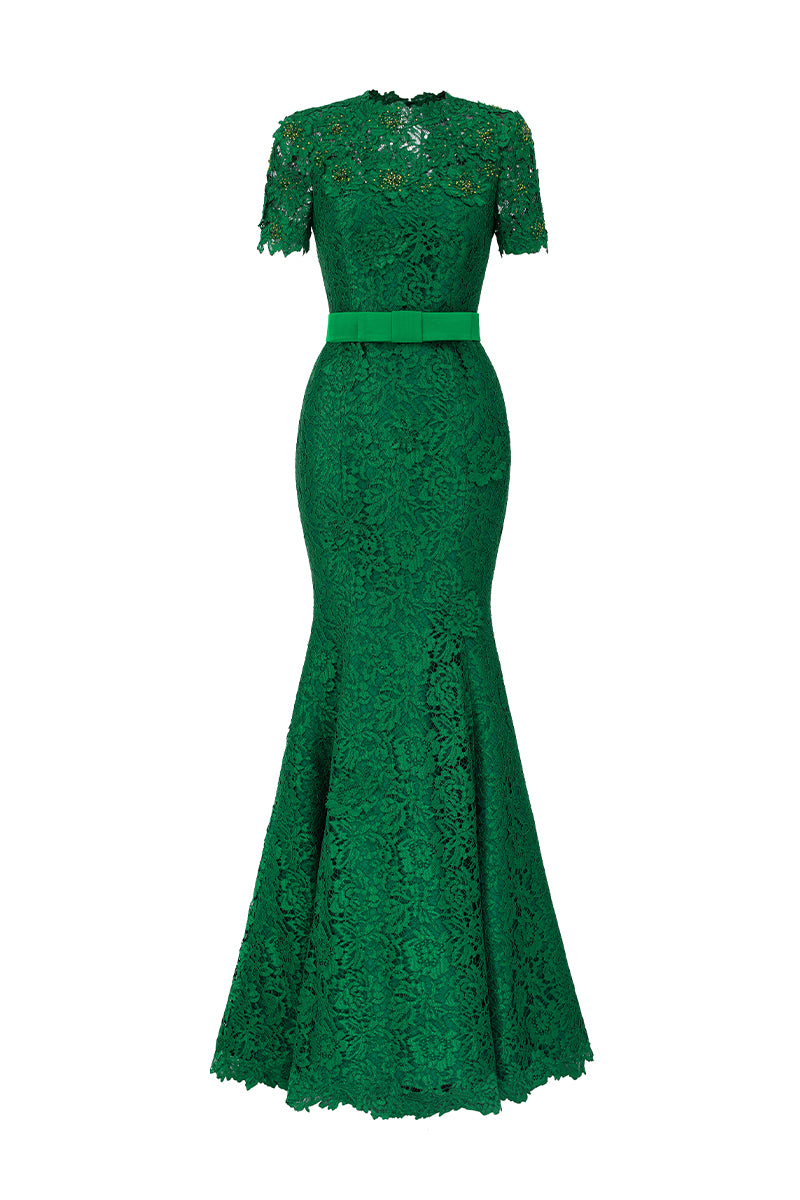 Round Neck Mermaid Gown With Short Sleeves In Dark Green French Lace | I.H.F ATELIER