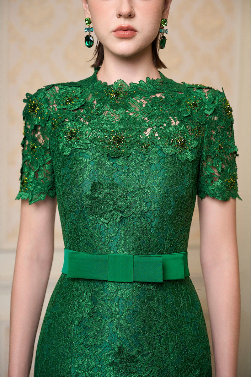 Round Neck Mermaid Gown With Short Sleeves In Dark Green French Lace | I.H.F ATELIER