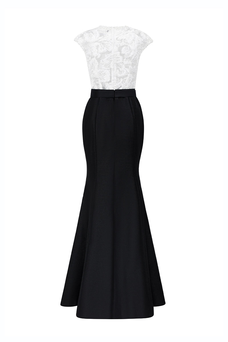 Round Neck Mermaid Gown With Sleeveless In White Sequin Lace And Black Taffeta | I.H.F ATELIER