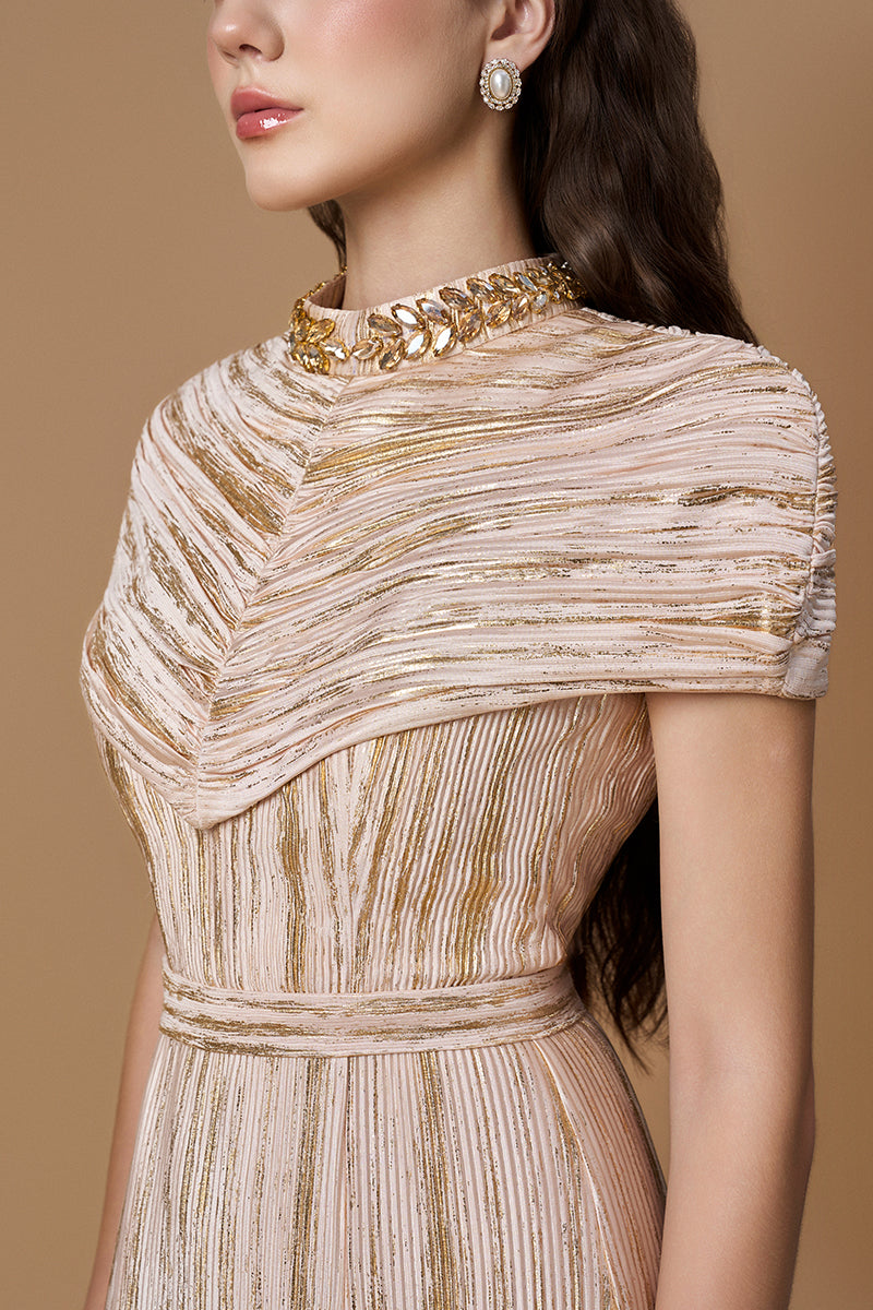 Round Neck Mermaid Gown With Wrapped-around Shoulder In Pleated Beige Jersey | I.H.F ATELIER