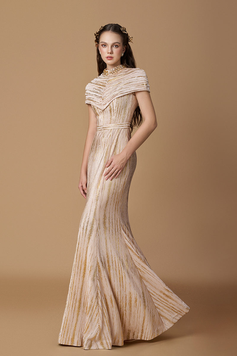 Round Neck Mermaid Gown With Wrapped-around Shoulder In Pleated Beige Jersey | I.H.F ATELIER
