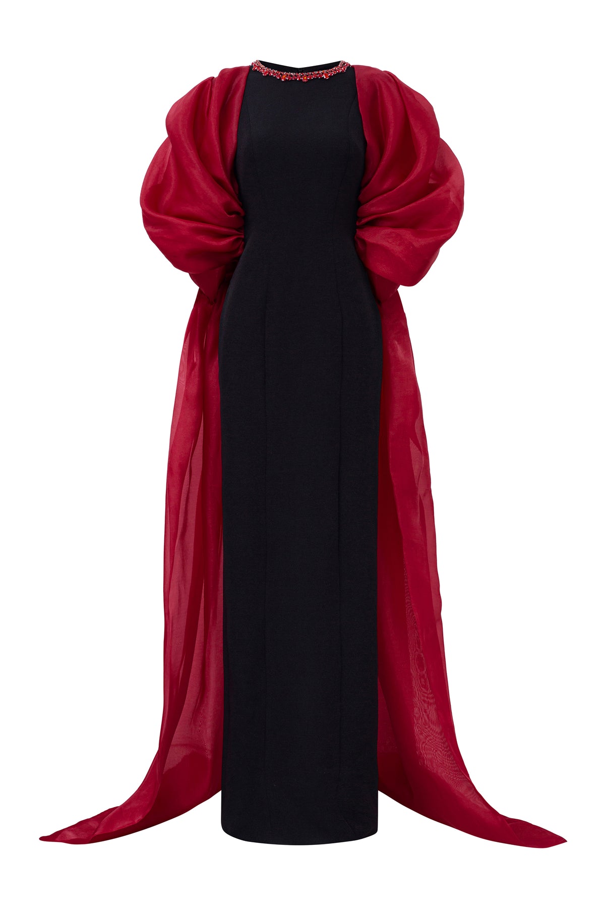 Round Neckline Scuba Gown With Draped Sleeves Organza | I.H.F ATELIER