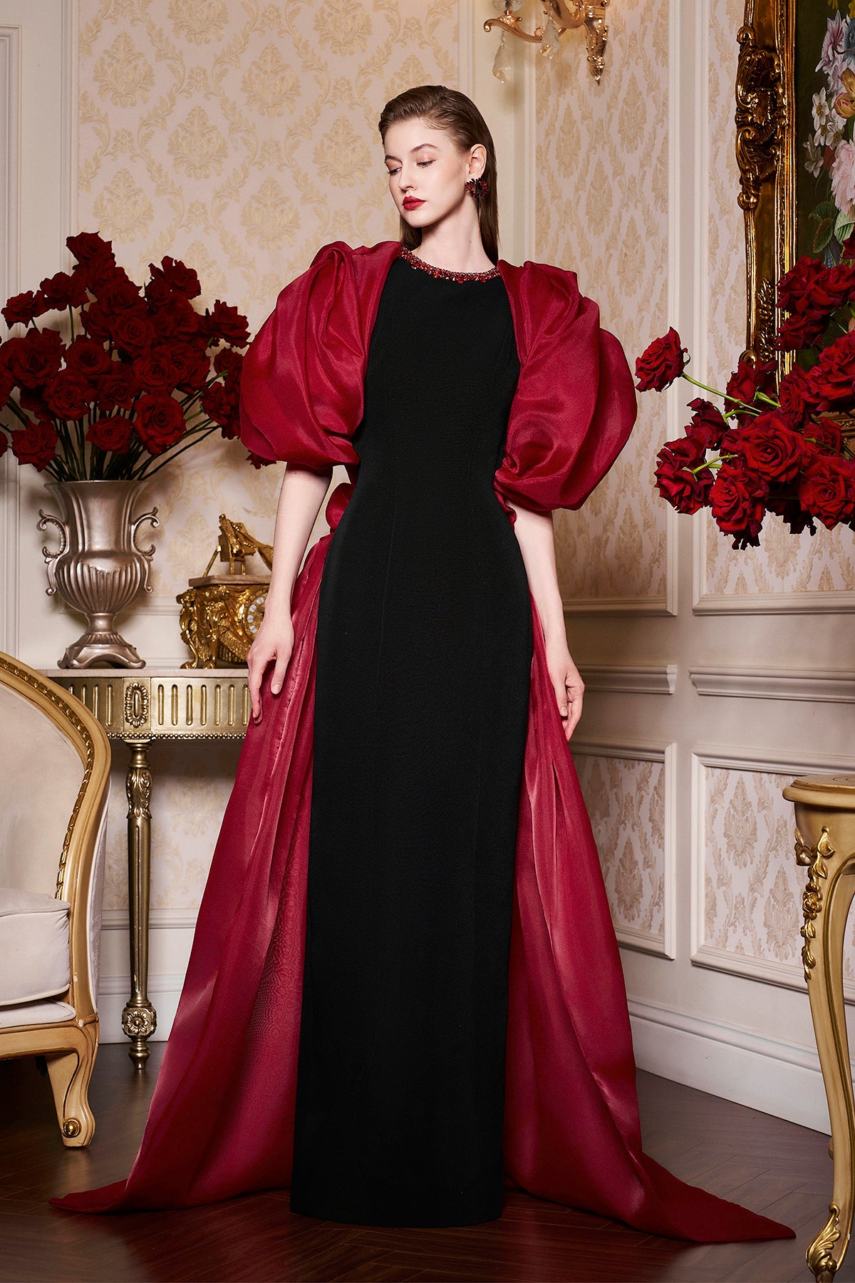 Round Neckline Scuba Gown With Draped Sleeves Organza | I.H.F ATELIER