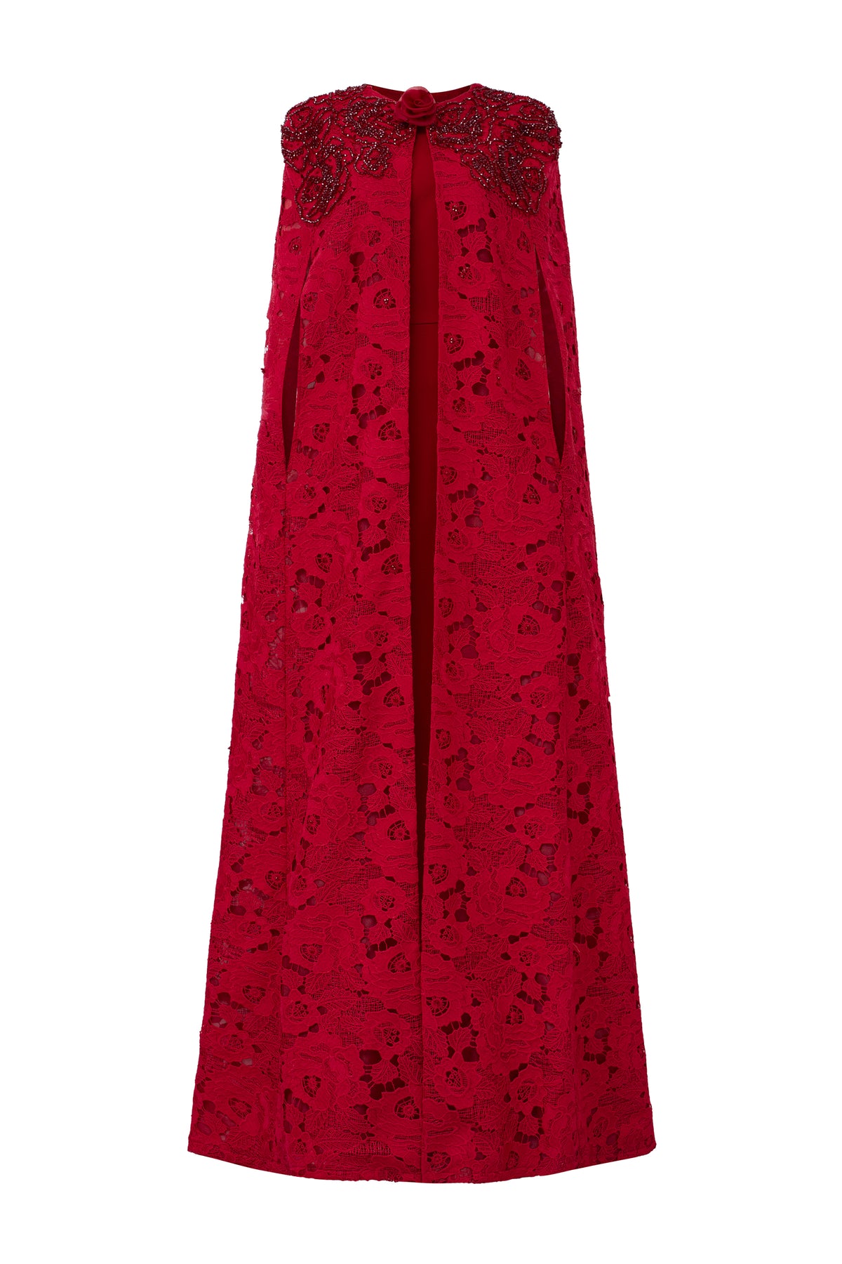 Round Neckline Sleeveless Column Gown With Long Lace Cape | I.H.F ATELIER