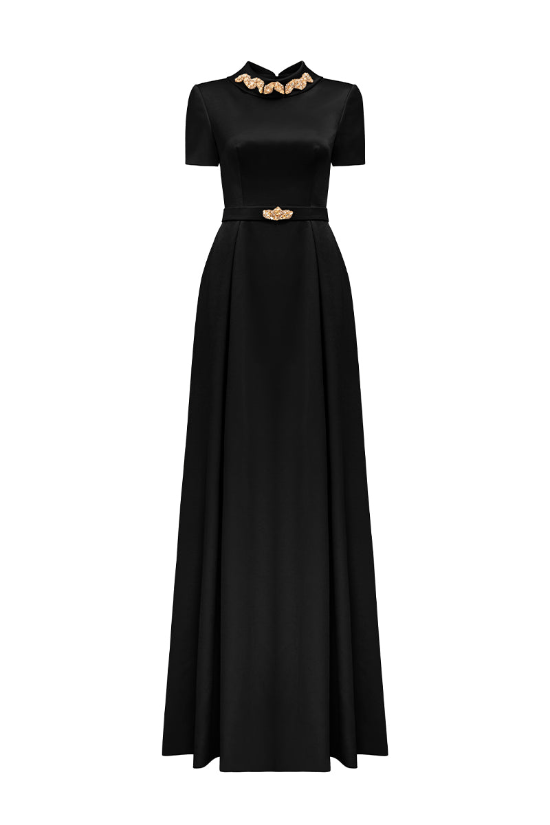 Short Sleeves A-Line Gown With De-Constructed Collar | I.H.F ATELIER