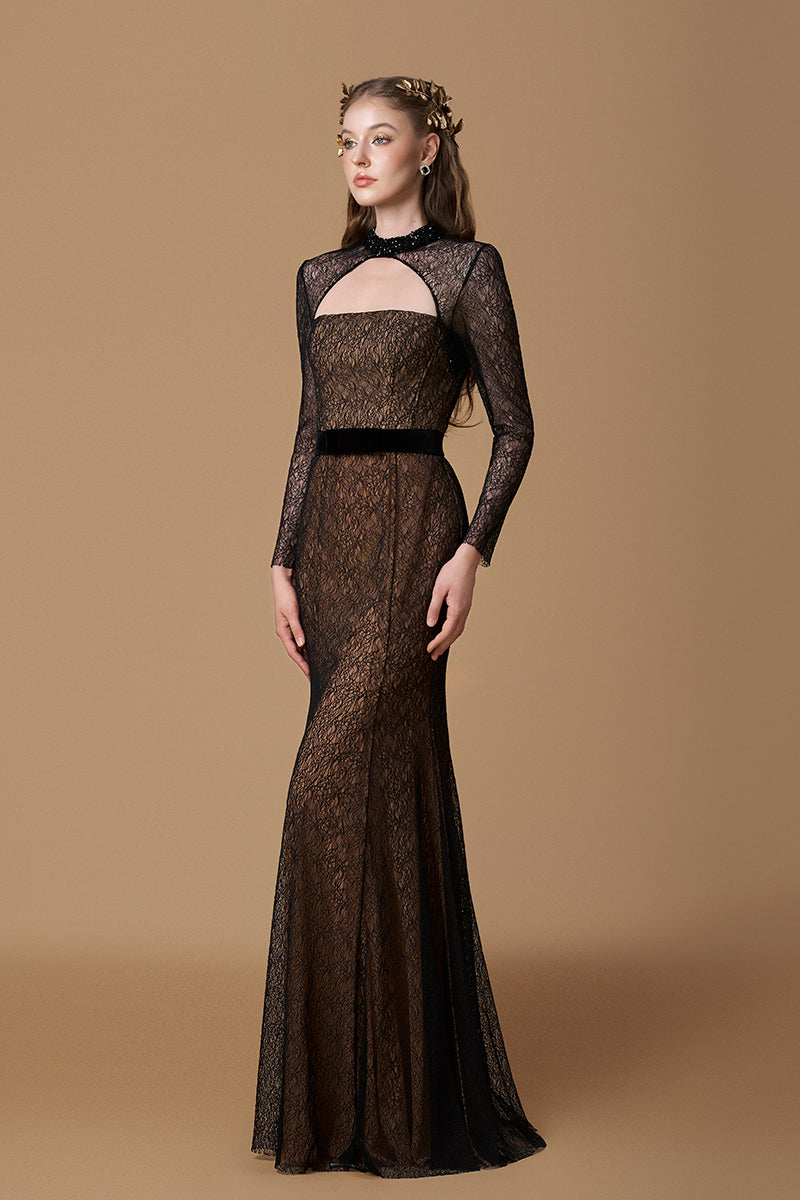 Stand Collar Mermaid Gown With Long Sleeve In Black Lace | I.H.F ATELIER
